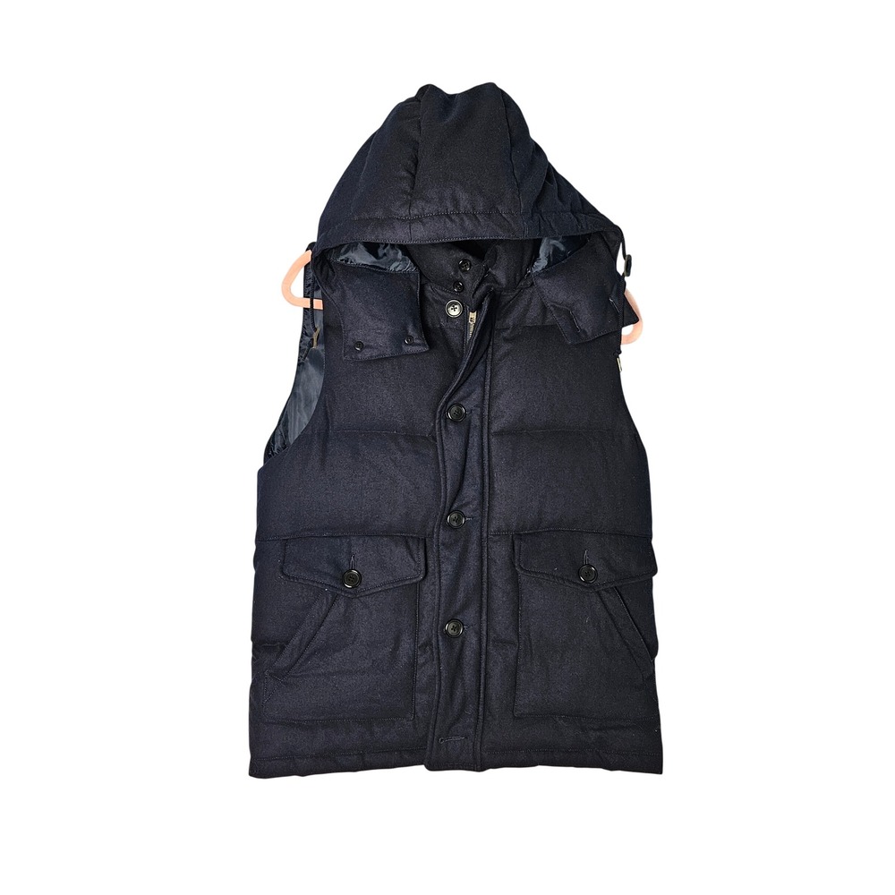 Nano Universe Wool Blend Down Puffer Vest Hooded Navy Blue Mens Large Outdoors